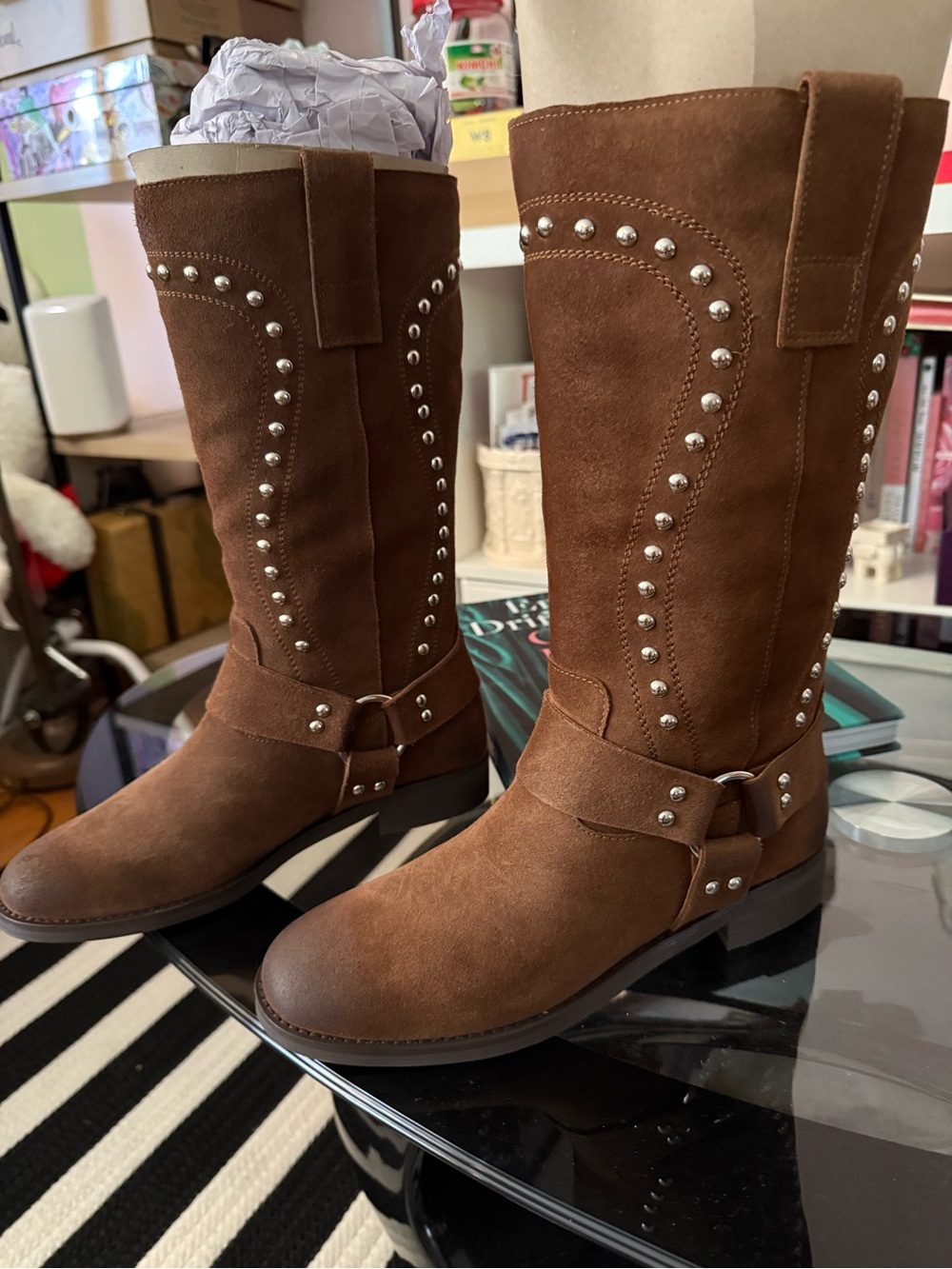 Anthropologie Brown Studded Lace-Up Mid-Calf Boots